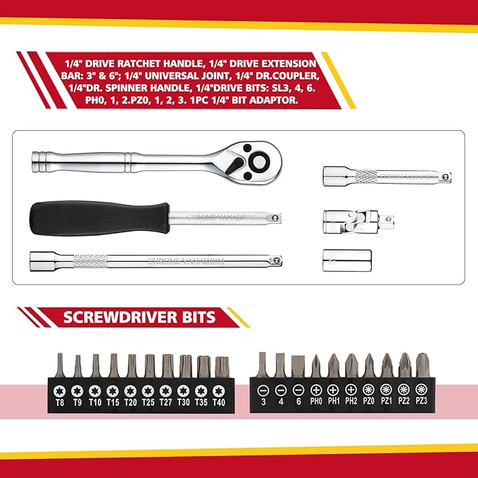 1/4" Drive Socket Set 74-Piece, 1/4??Drive Master Socket Set with Ratchets, 1/4" Drive Bits Set Extensions Bar, Universal Joint (5/32-Inch- 9/16-Inch, 4mm-14mm)