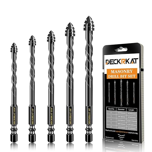 DECKRKAT Upgraded Black 4-Flute Serrated Masonry Drill Bit Set - 5-Piece Set (3/16" to 1/2") for Concrete, Tile, Glass, Brick, Ceramic, Plastic,