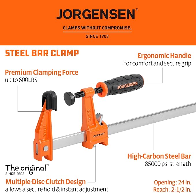 Jorgensen 2-pack Medium Duty Steel Bar Clamp Set with 600 lbs Load limit, 24-inch