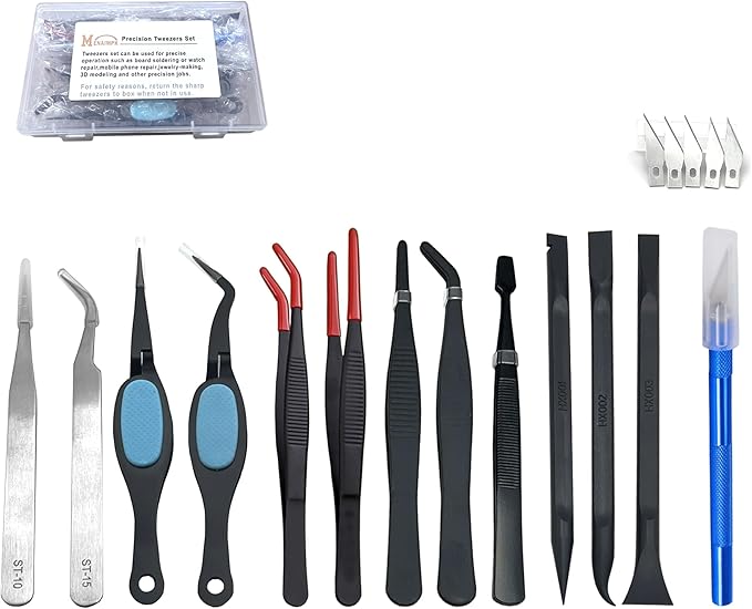 Precision Tweezers Set Anti-Static use for Electronics Soldering, Jewelry-Making, Laboratory & Crafts - Includes Storage Box