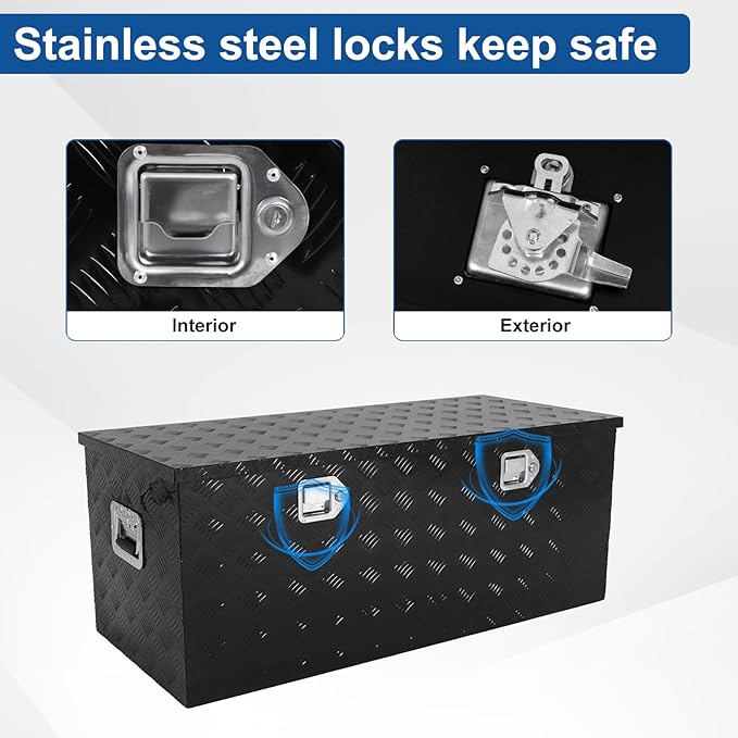 confote 44 Inch Heavy Duty Aluminum Stripes Plated Tool Box Pick Up Truck Bed RV Trailer Toolbox Waterproof Square Storage Organizer with Side Handle, Lock and Keys -44"x 19.5"x 17.5"竊똁lack