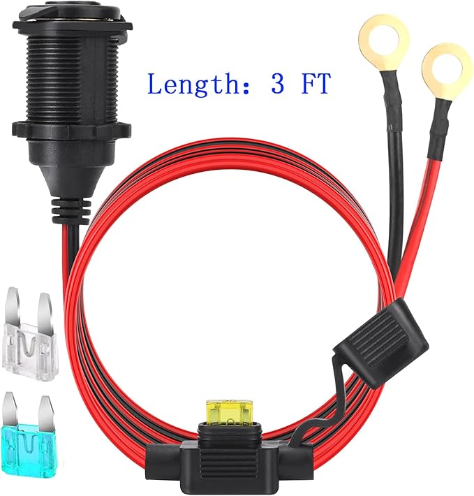 3FT 12V/24V Fixed Thread Cigarette Lighter Socket Extension Cable Automotive Marine Waterproof Outlet Socket Replacement 13AWG Heavy Duty Cable With spare fuse 20a 30a