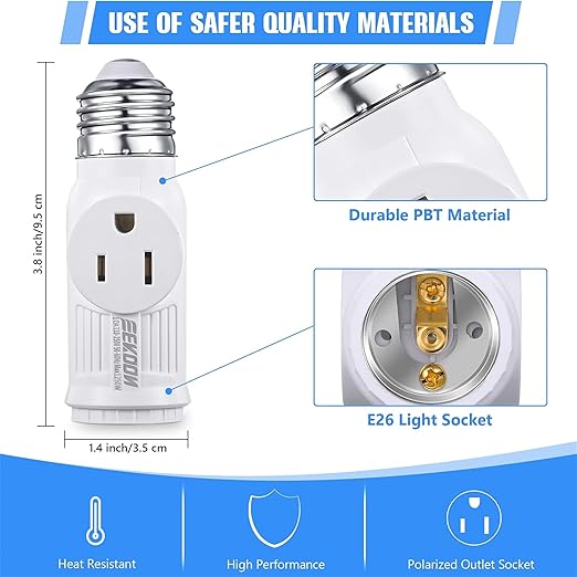 Feekoon 4 Pcs Light Socket to Plug Adapter, Convert E26 Light Socket to 3 Prong Outlet Adapter, Screw in Outlet for Lamp Sockets for Garage Porch (White)