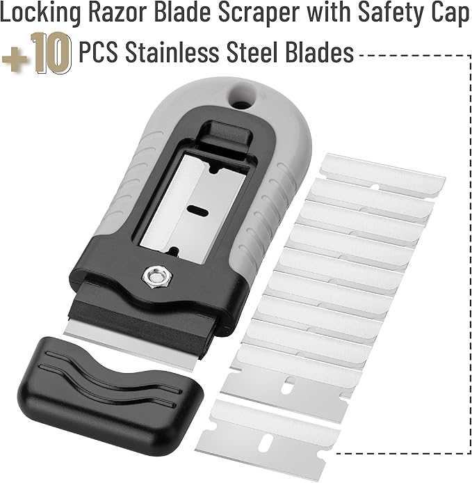Bates- Razor Blade Scraper, Grey, Locking Razor Scraper Set with 10 Extra Stainless Steel Blades, Window Scraper, Scraper Tool, Glass Scraper, Scraper Blades, Paint Scraper Blade Scraper for Cleaning