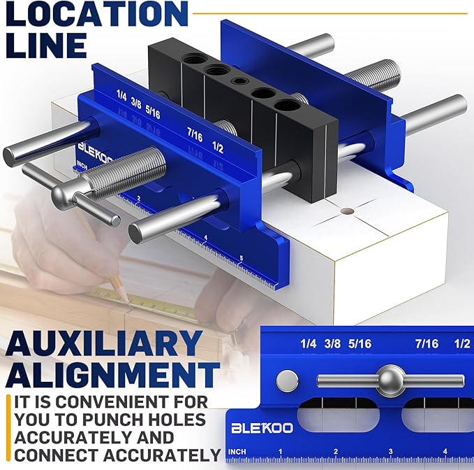 Upgraded 6.7 inch Self Centering Doweling Jig Kit (Blue), Drill Jig For Straight Holes Biscuit Joiner Set With 6 Drill Guide Bushings, Adjustable Width Drilling Guide Power Tool Accessory Jigs