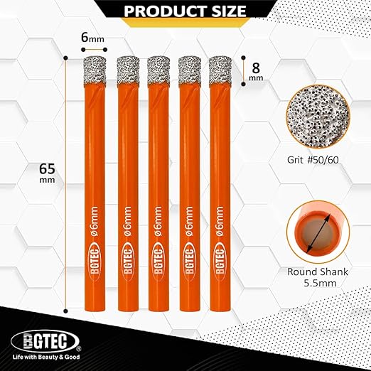 Dry Diamond Drill Bit Set,BGTEC 5pcs 1/4" 6mm Hole Saw for Granite,Marble,Masonry, Concrete, Tile/Ceramic, Glass, Hard Plastic,Vacuum Brazed Diamond Core Drill Bit Kit