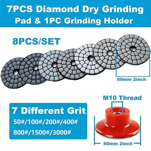 2inch 50mm Diamond Dry Grinding Pad, 7 Different Grit 50#-3000# Sanding Discs & M10 Thread Hook & Loop Backing Holder for Detail Fine Buffing Polishing (8Pcs/Set)