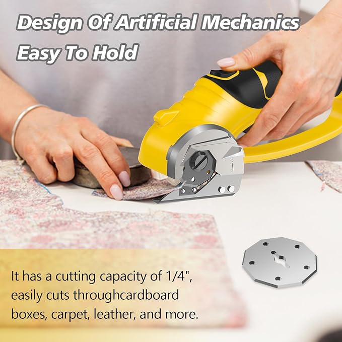 Cordless Electric Scissors, 4V Rechargeable Box Cutter & Cardboard Cutter with Titanium Blade, LED Light, Safety Lock - Rotary Cutter for Fabric, Leather, Carpet, Plastic, Crafting, Sewing(Yellow)