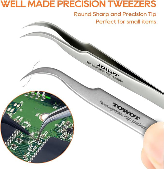 TOWOT Precision Tweezers, Stainless Steel Eagle Beak Tweezers for Craft, Electronics, Soldering, Experimental Work, Jewelry-Making, Non-Magnetic Curved Tweezers