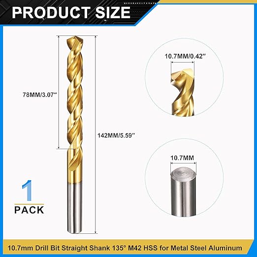 PATIKIL 10.7mm Drill Bit, M42 8% Cobalt High-Speed Steel Jobber Straight Shank 135° Titanium Nitride (TiN) Coated for Hard Metal Stainless Steel - 1 Pack