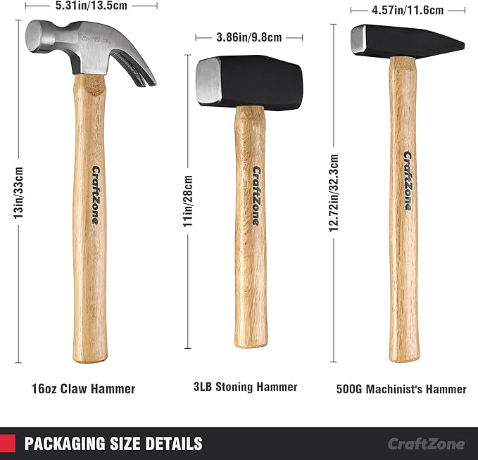 3PC Hammer Set Woodworking Tool - Claw Hammer 16oz | Sledge 3LB | Engineers' 500G DIY/Home/Office/Craft Wooden Handle
