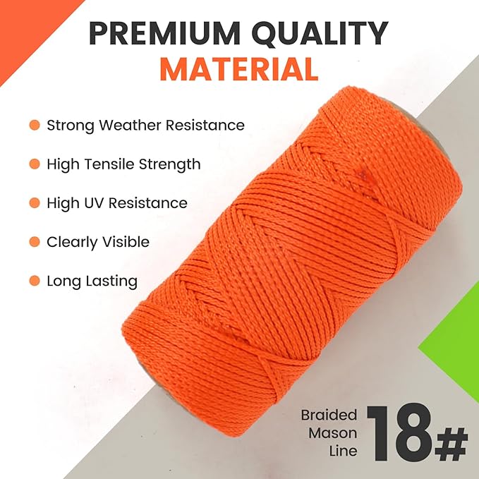 MERIANE Mason Line, 250 Ft #18 Braided Nylon String, Premium String for Masonry Jobs, Construction, Gardening, Net Making and Mending, DIY Projects, Fluorescent Orange