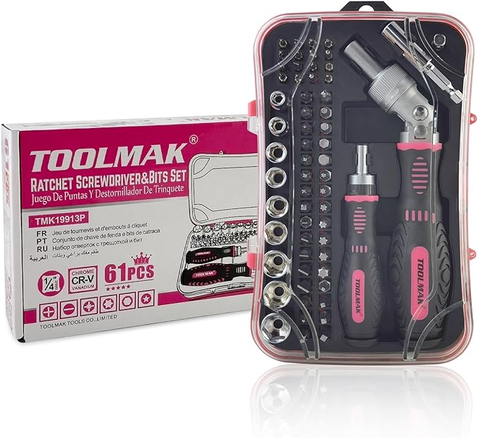 Ratcheting Screwdriver Set 61pcs Socket Set & Screwdriver Bit Set with Rotatable Ratchet Handles 竊?Storage Case, Household Repair Tool Kits for Bike-Pink