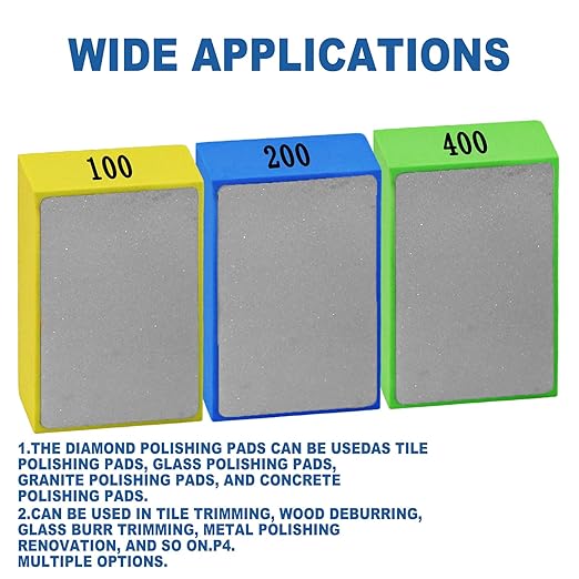 6pcs Diamond Hand Polishing Pads Foam Backing Sanding Blocks, Diamond Polishing Pads for Ceramic Tile Glass Stone Wood Marble Metal Grinding, Foam Sanding Pads 100#,200#,400#