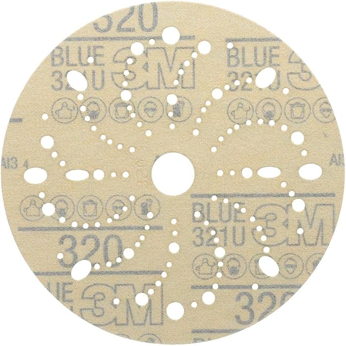 3M AMAPR Hookit 3M Blue Abrasive Discs 36180, Multi-Hole, Featheredging, Primer Sanding, Paint Preparation, 6 in, 320 Grade, 50 Discs/Carton