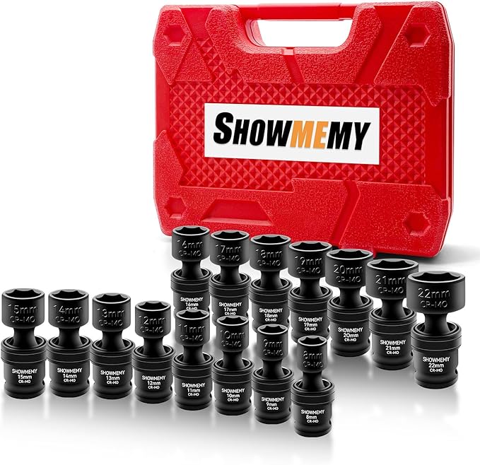 Drive Impact Universal Joint Socket Set, 6 Points, Shallow Swivel Socket Set, Cr-Mo Steel. Heavy Duty Storage Case (Metric 3/8", Metric 3/8")