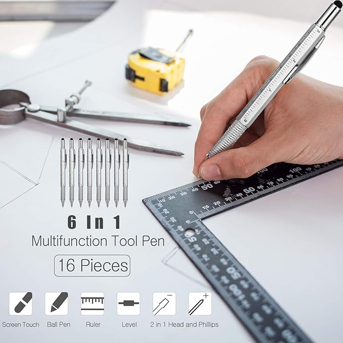 Zhanmai 16 Pcs Multitool Pens 6 in 1 Multi-tool Pen Set with Refills for Men's Birthday Gifts, Christmas Stocking Stuffers for Men Dad Husband (Silver Color)