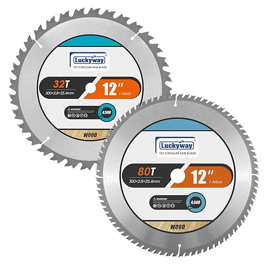 Luckyway 12 Inch Miter Saw Blades 32T General Purpose & 80T Fine Finish with 1 Inch Arbor TCT (Tungsten Carbide Tipped) Saw Blade for Cutting Wood 2-Pack