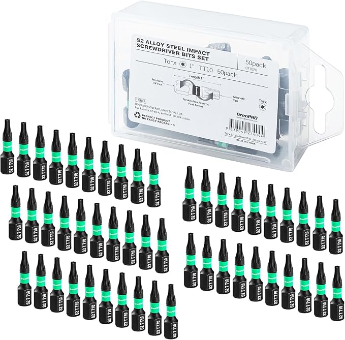 Security Tamper Proof Torx Impact Driver Bit Set - 1/4" Hex-Shank S2 Steel Mini Star CNC Machined Tips, 1" Long 50pack (TT10) Magnetic Torque With Storage Box