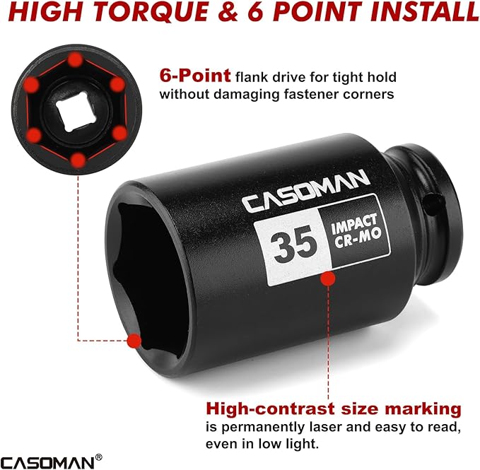 CASOMAN 1/2??Drive Deep Big Impact Socket Set, 13-Piece Large Spindle Axle Nut Impact Wrench Socket Set, 6 Point, CR-MO, Metric, 17mm - 41mm