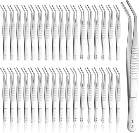35 Pcs Stainless Steel Tweezers with Curved Serrated Tip, 6" Sewing Machine Tweezer Non-Slip High Precision Multipurpose Tweezer for Craft Sewing Repair Supplies, Silver