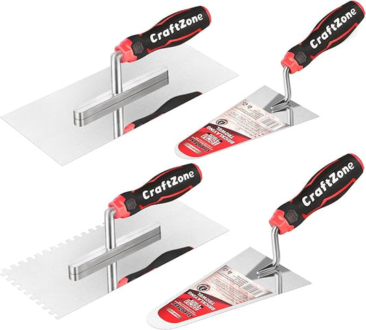 4 Pieces Concrete & Trowel Masonry Set - High Carbon Steel Plastering | Bricklaying Tools for Drywall Asphalt - Includes Flat & Notched Trowels & 7"/9" Brick Trowels with Soft Grip Handle