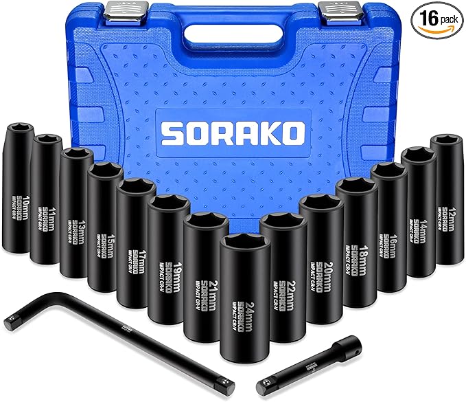 SORAKO 1/2??Impact Socket Set, 16 Piece Metric Deep Socket Set 10-24 mm,Deep Impact Socket Set with Extension Bar & L Handle 6 Point Cr-V Steel Drive Socket Set with Portable Case