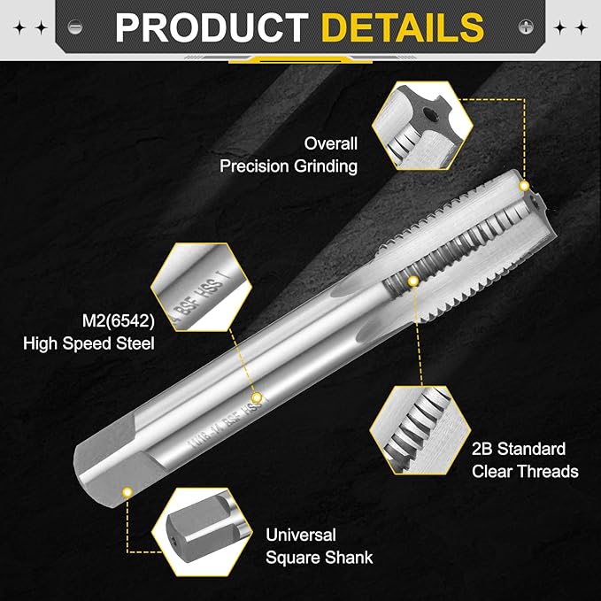 uxcell Hand Taper Tap 11/16"-14 BSF Thread Taper Style Taps Straight Flute Screw Tapping Threading Tool High Speed Steel HSS6542