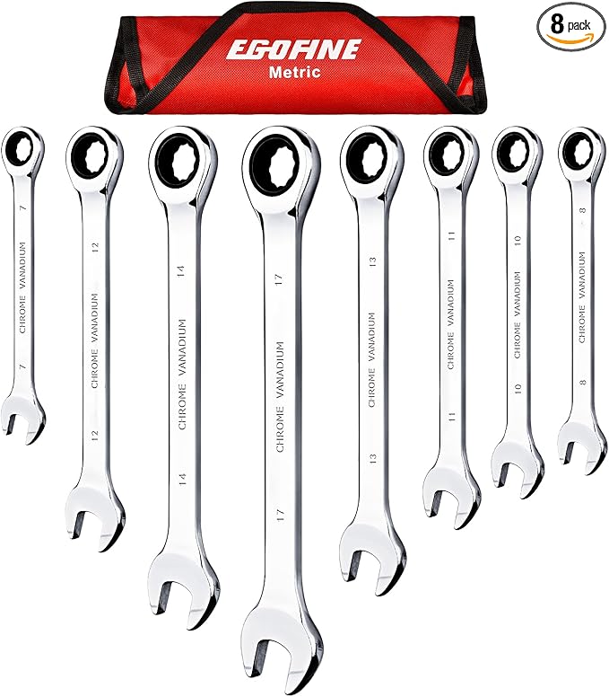 Egofine 8-Piece Ratcheting Wrench Set, Cr-V Steel Mertic Wrench Set from 7mm to 17mm wrench, 72 Teeth Ratchet Wrench, 12 Point Open End & Box End Combination wrench set with Roll Up Pouch