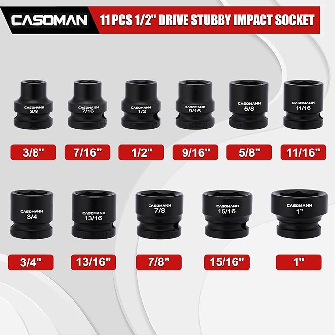 CASOMAN 11PCS 1/2" Drive Stubby Impact Socket Set, Low Profile, 3/8" - 1", SAE, CR-MO, 6-Point, 11 Pieces Shallow Socket Set for Automotive Maintenance, Repairs and DIY, for Tight Areas