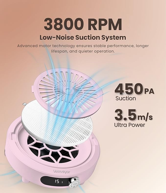 Nail Dust Collector, Rechargeable & Cordless 3800 RPM Low Noise Nail Vacuum Fan with LED Display, Adjustable Speed, Reusable Filter, 30 Pcs Paper, for Acrylic Nails, Salon & Home, Pink