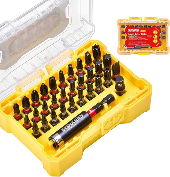 32Pieces Impact Screwdriver Bits Set,S2 Steel Magnetic Phillips/Slotted/Square/Torx Muliti Insert Bits Tips Set with Impact Bit Holder and 1/4?쒾ocket Adapter(Yellow Storage Box Base)