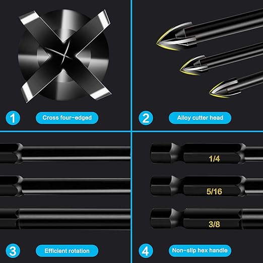 10-Piece Glass Concrete Drill Bit Set, Masonry Drill Bits for Brick, Plastic and Wood, Hex Shank Tungsten Carbide Tip Drilling Tools for Mirror and Ceramic Tile on Concrete and Brick Wall.