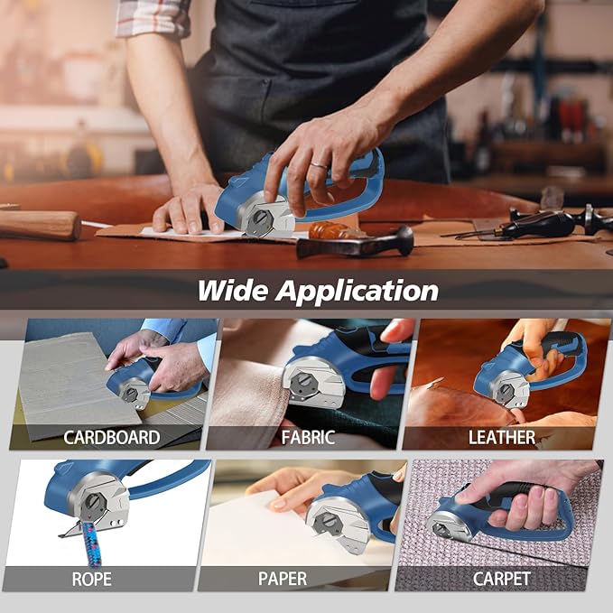 Cordless Electric Scissors, 4V Rechargeable Box Cutter & Cardboard Cutter with Titanium Blade, LED Light, Safety Lock - Rotary Cutter for Fabric, Leather, Carpet, Plastic, Crafting, Sewing(Slate Blue)