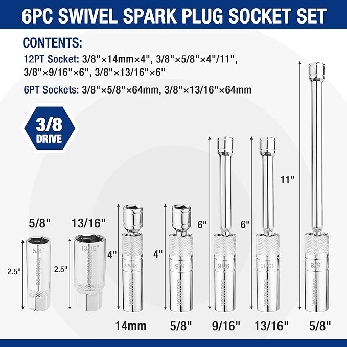 WORKPRO 7 PCS Magnetic Swivel Spark Plug Socket Set, Includes 9/16-inch, 5/8-inch, 13/16-inch, 14MM Thin Wall Sockets with 4, 6, 11-inch Extensions, 3/8" Drive with 12 Points, Magnetic Core