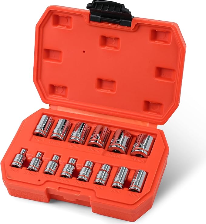 1/4" Drive Metric Master Socket Set, 14-Piece Shallow Hex Socket Set (4mm-15mm), Cover Most Commonly Sizes, 6 Point, Chrome Vanadium Steel with Molded Case