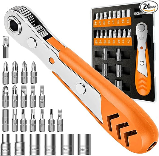 Right Angle Screwdriver 24 in 1 Ratchet Screwdriver Set with Mini Ratchet Wrench for Tight Spaces, Bike Repair & DIY Projects