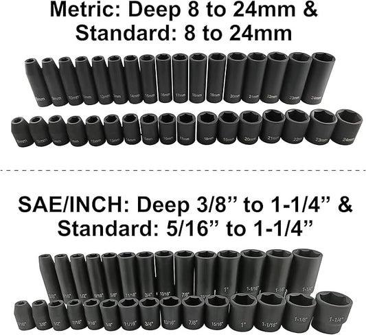 70pcs 1/2" Drive Impact Socket Set, Cr-V Steel, SAE & Metric, Standard/Deep Sockets with 72 Teeth Ratchet Handle, Extension Bar, and Adapters