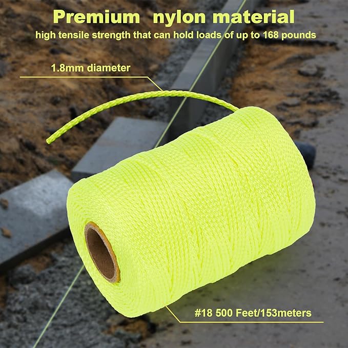 3 Roll Mason Line String Line - #18 Braided Nylon String - 500 Ft Length - Nylon with Reloadable Line Reel Twine for Gardening Or Masonry Tools - Perfect Construction String (Yellow)