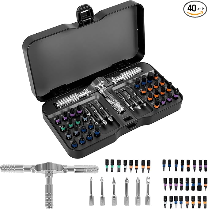 40 in 1 Magnetic Ratchet Screwdriver Set竊?Multi Bit Magnetic Ratcheting Screwdriver with Ergonomic Handle for Furniture竊똓epair Tool Kit for Computer Bicycle Furniture DIY(Silver black)