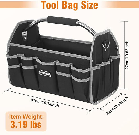 16 Inch Tool Bag, Electrician Tool Bag, Open Top Tool Bags, 26 Pockets Can Hold Many Tools, Steel Handle and Removable Shoulder Strap
