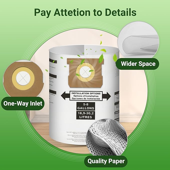 5 Pack Replacement for Shop Vac Bags 5-8 Gallon竊똖ype E 90661 9066133, Type H 90671 9067133, VF2004, VHBS, VDBS, PETOX High-Efficiency Disposable Vaccum Collection Filter Bags