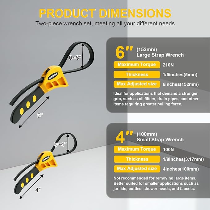 REKCKRUL 2 PCS Heavy-Duty Strap Wrench Set Upgrade ??4" to 6" Diameter Adjustable Oil Filter Wrench, Reinforced Rubber - Jar Opener, Plumbing Tool for Shower Heads, Water Filters, Pipes