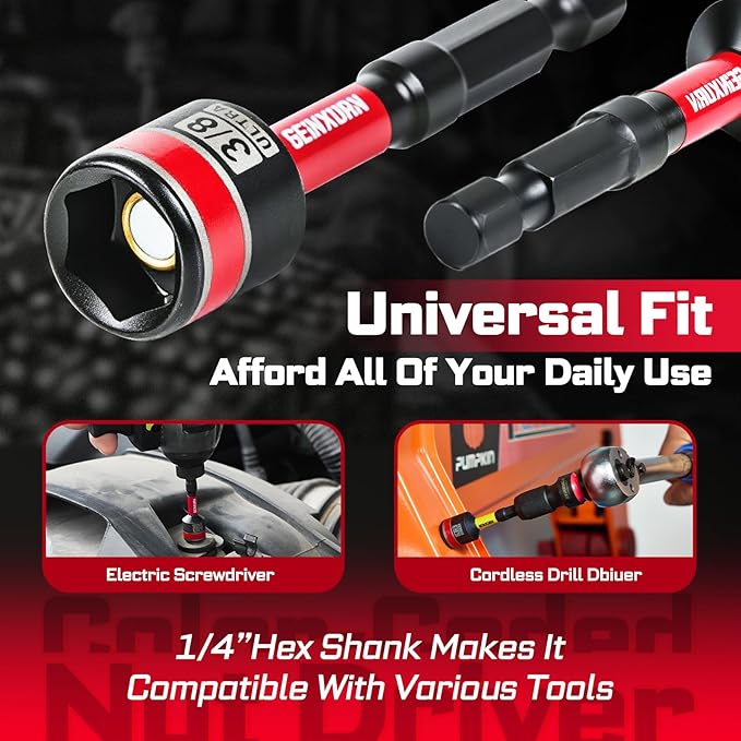 Impact Nut Driver Set, 16 Pieces 2.56?쒵ong 3/8?? Point Alloy Steel Magnetic SAE Nut Setter Set Use For Require Installing 1/4 Hex Shank Impact Driver with Portable Storage Cases