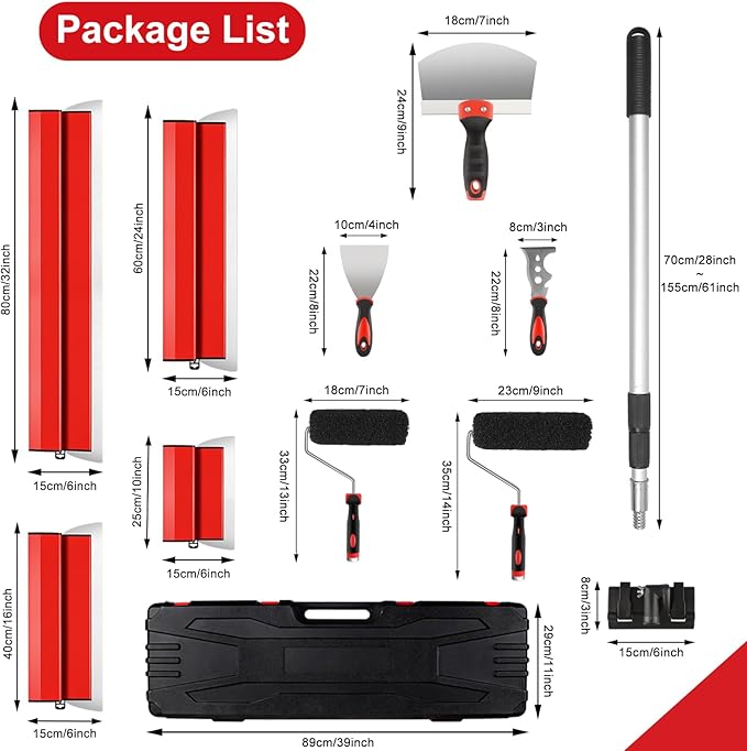 Drywall Skimming Blade Set with Portable Case, 10??16??24??32??Skimming Blades, 7??9??Drywall Compound Rollers, a Extension Handle and Three Drywall Tools for Drywall/Plaster/Wallboard