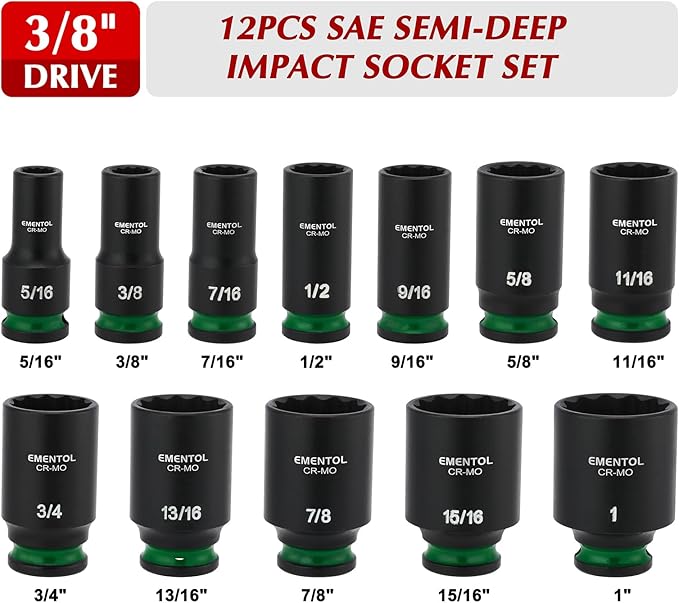 EMENTOL 3/8" Drive Impact Socket Set, Semi-Deep Sockets, 12 Pieces, Standard SAE (5/16"-1"), 12 Point, CR-MO, Stamped and ink filled