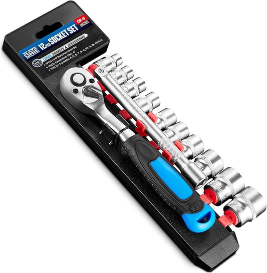 12PCS 1/4" Drive Metric Socket Wrench Set, 90-Tooth Reversible Ratchet Handle竊? Point Shallow Sockets (4-13mm) and Extension Bar 4", CR-V Steel, Tool Set For Car,Motorcycle,Bike Repair