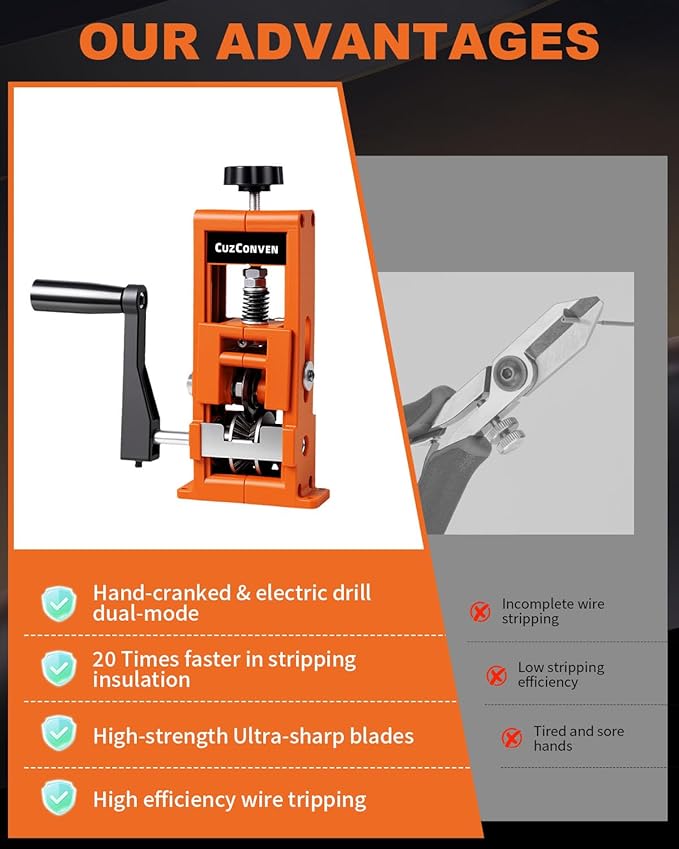 CuzConven Wire Stripper Machine,0.04-1 Inch Scrapping Copper Wire Peeler Machine, Drill Powered/Hand Crank Dual-drive Wire Stripper Tool for Scrap Copper Recycling & DIY etc.