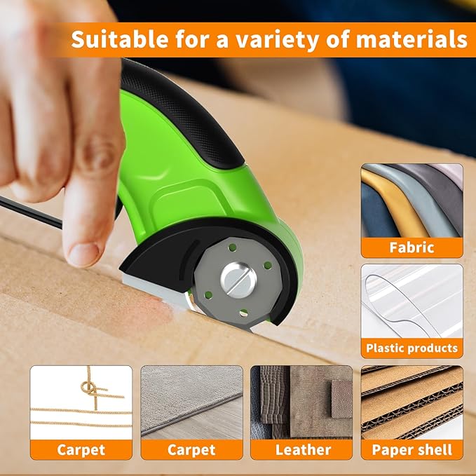 Cordless Electric Scissors Rechargeable with 2-Blade & Storage Bag, Powerful Rotary Cardboard Box Cutter 3.7V 2000mAh for Cloth Carpet Plastic Leather, Charging Cable(Green)