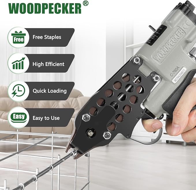 Woodpecker C-760A 16 Gauge Pneumatic Hog Ring Gun Kit, 1/2-Inch Crown, with 1000PCS Hog Ring Staples, 3.0-4.0mm Closing Diameter, Air Hog Ring Plier Tool, C Ring Gun for Cages, Fencing, Car Seat